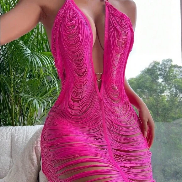 Sexy Pink Fringe Dress / Cover Up - Picture 7 of 10